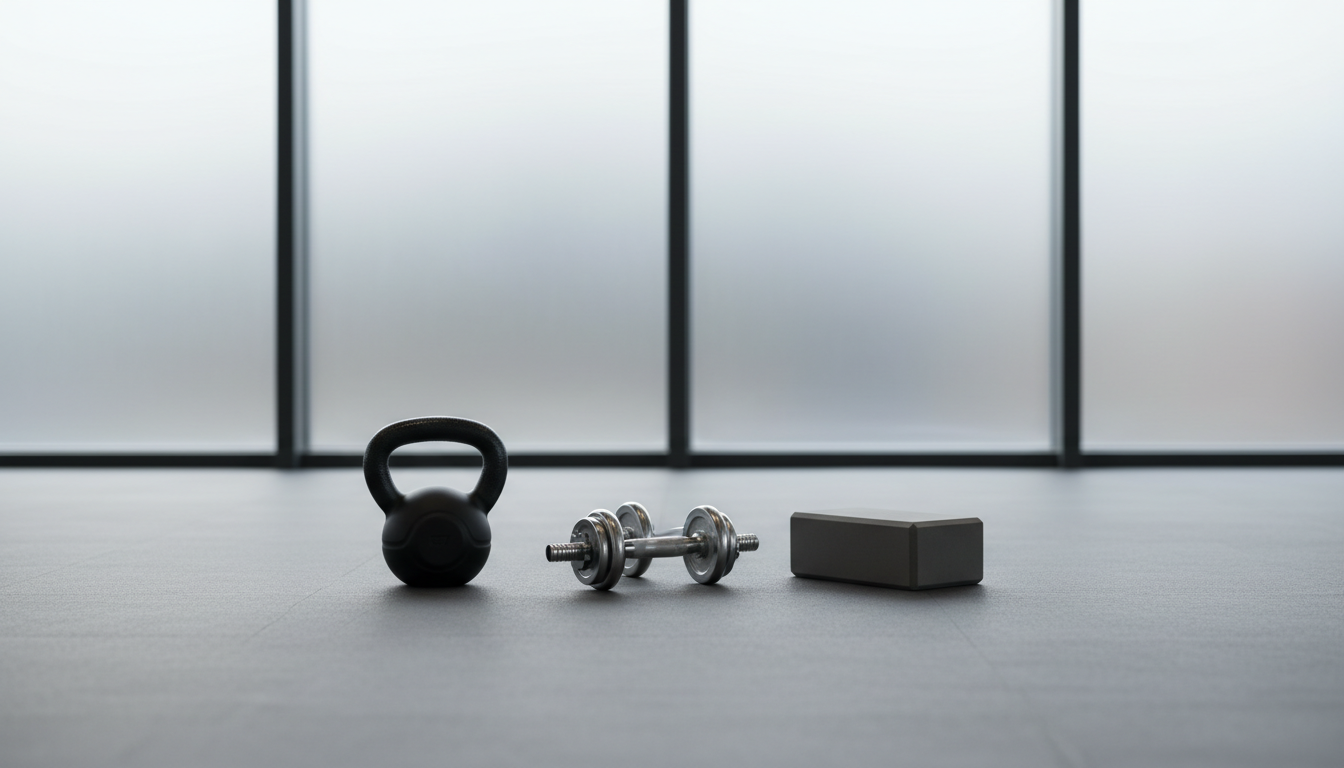 A set of neatly arranged minimalist fitness equipment including a matte black kettlebell, sleek silver dumbbells, and a textured grey yoga block, all positioned on a seamless, soft grey rubber gym floor. The background features floor-to-ceiling frosted glass panels, imparting privacy and a sense of exclusivity. Diffused overhead studio lighting casts gentle, even highlights and subtle shadows, emphasizing the equipment’s clean lines and modern structure. The mood is professional and calm, exuding a sense of order and balance for a women-only personal training setting. The composition uses a centered, eye-level perspective, maintaining sharp focus throughout with a photographic realism that aligns with a polished, corporate aesthetic.
